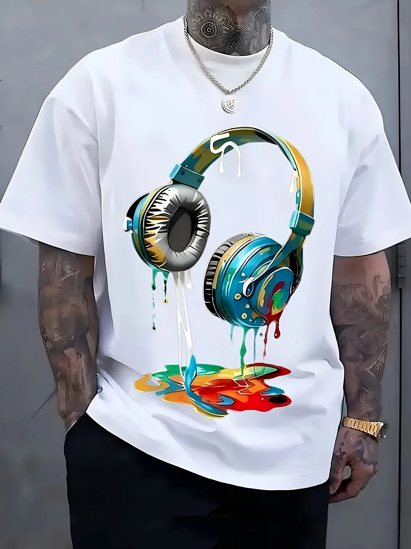 Men's Streetwear Short-Sleeve Crewneck Tshirt - Vibrant Headphones & Paint Splatter Print, Breathable Fabric, Loose Casual Sports Top, Hip-Hop Funky Summer Wear, Machine Washable, Shortsleeve