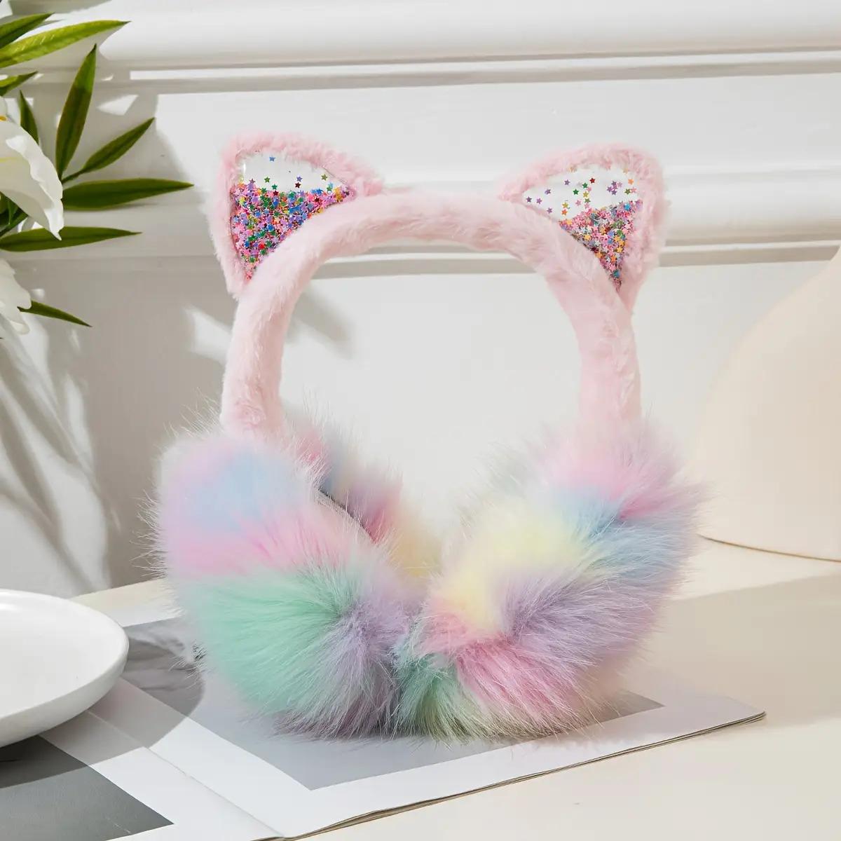 1pc Cute Cat Ear Headband with Fluffy Pom-Poms - Pastel Pink & Blue, Warm Folding Ear Muffs for Teens & Adults, Soft Polyester Hair Accessory for Cosplay, Halloween, Themed Parties, Cat Ears, Party Headwear, Playful Design, Comfortable Fit,