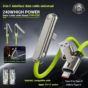 Suitable for Android and Apple invisible stand charging cable, with stand, 240W ultra fast charging 4 in 1 fast charging cable and phone stand, suitable for gaming, car travel, compatible with iPhone Android Type C charging cable, USB