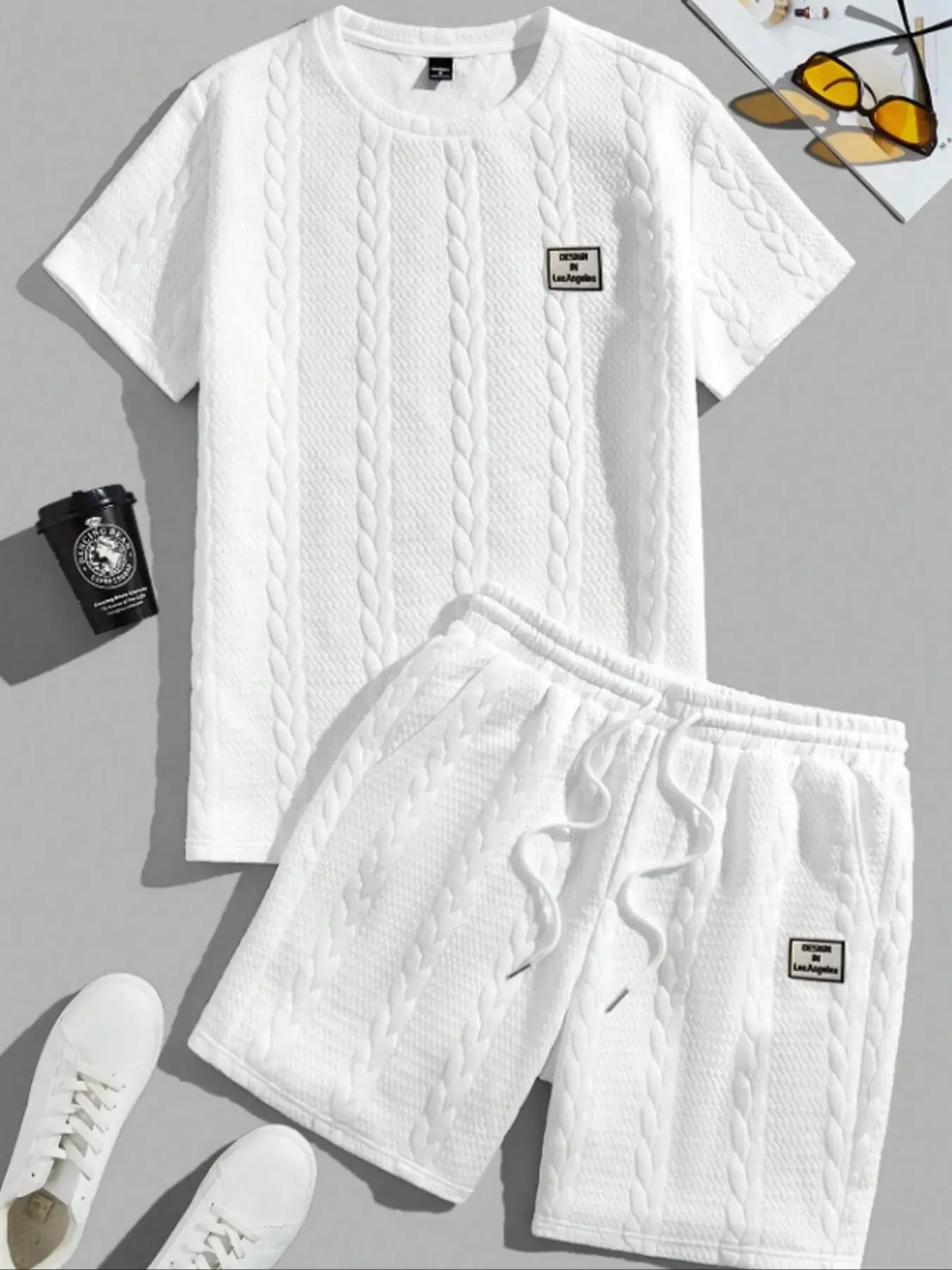 Men’s set featuring a solid textured patchwork T-shirt and drawstring-waist shorts   100%  polyester — regular fit, casual, crew neck, short sleeves, shorts with pockets; summer clothing for men, Menswear