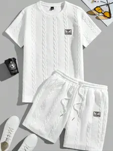 Men’s set featuring a solid textured patchwork T-shirt and drawstring-waist shorts — regular fit, casual, crew neck, short sleeves, shorts with pockets; summer clothing for men
