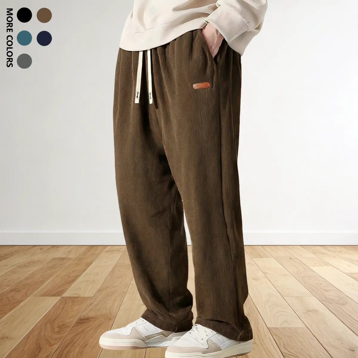 Men’s Corduroy Pants with Chic Leather Patch - Menswear, Polyester, All Seasons Casual Streetwear for Everyday, Work - XXL Size Option, No