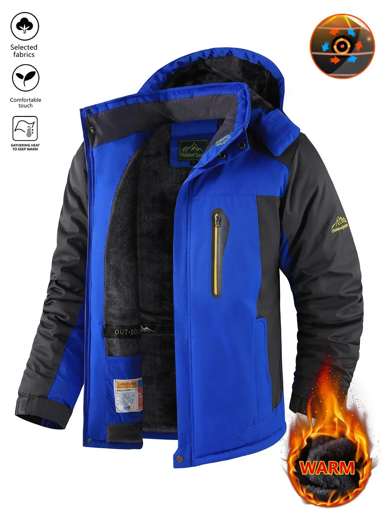 Men's Winter Snow Jacket with Warm Fleece Lining, Waterproof Windproof Hooded Thermal Outdoor Coat, Thick Sports Jacket for Hiking Running Camping Fishing Mountaineering Travel Skiing and Sledding collar coat Sporty Breathable Outerwear winter outfits