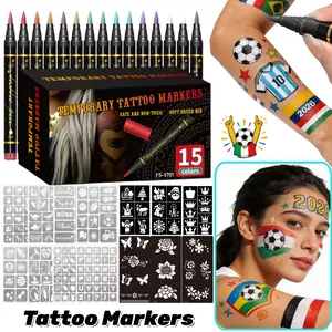 Temporary Tattoo Markers for Skin, 10/15/30 Count Body Markers+Large Tattoo Stencils,Flexible Brush Tip, Bright colors, Face Paint Kit Cosmetic Quality,Halloween makeup