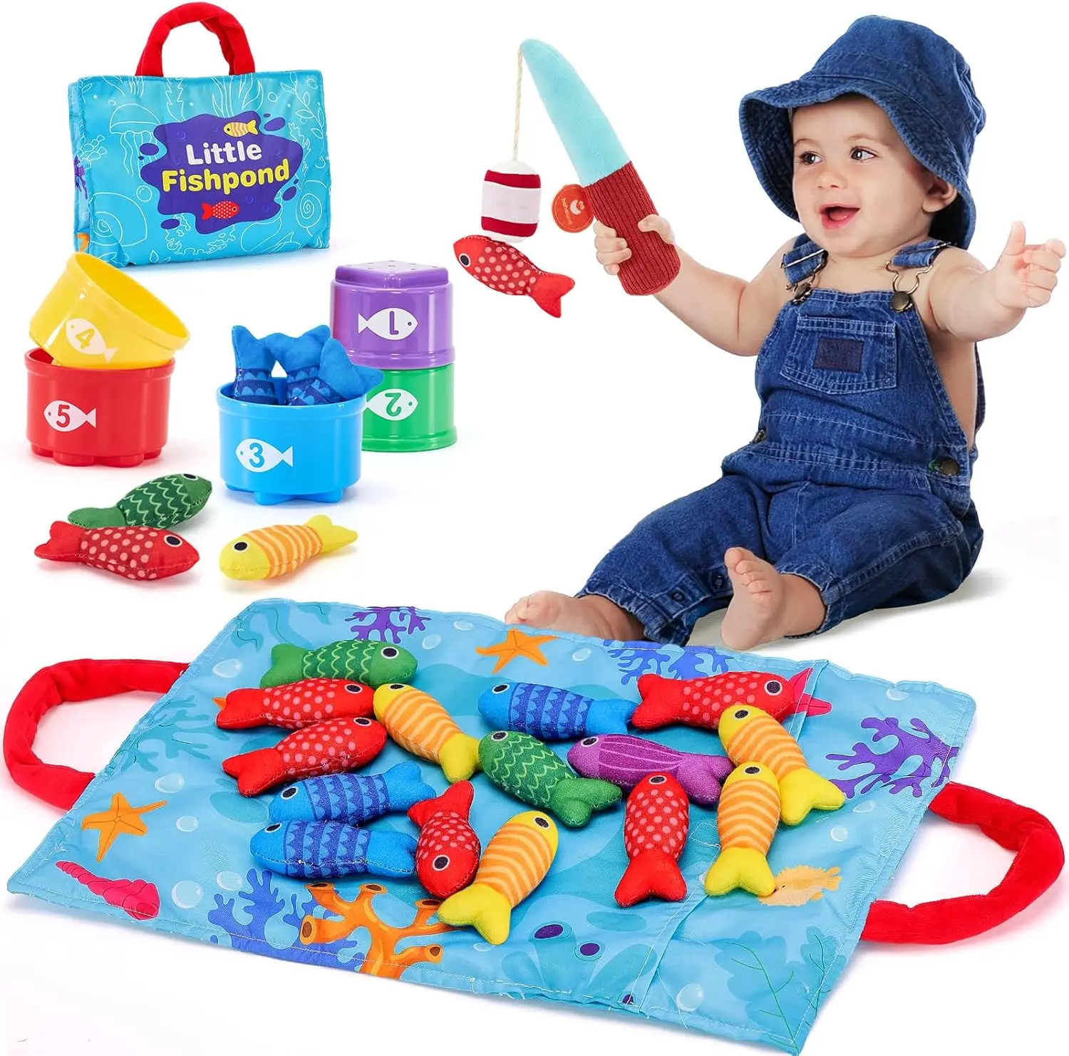 Toys for 1 Year Old Boy Girl Birthday Gift - 10 in 1 Cloth Fishing Game Easter Basket Stuffers for Toddler Toys 1-3 with Stacking Cups - Number Counting, Color Sorting Learning