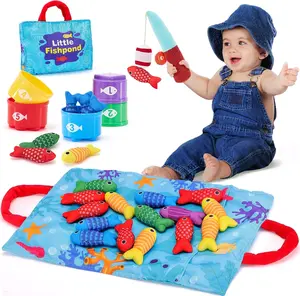 Toys for 1 Year Old Boy Girl Birthday Gift - 10 in 1 Cloth Fishing Game Easter Basket Stuffers for Toddler Toys 1-3 with Stacking Cups - Number Counting, Color Sorting Learning