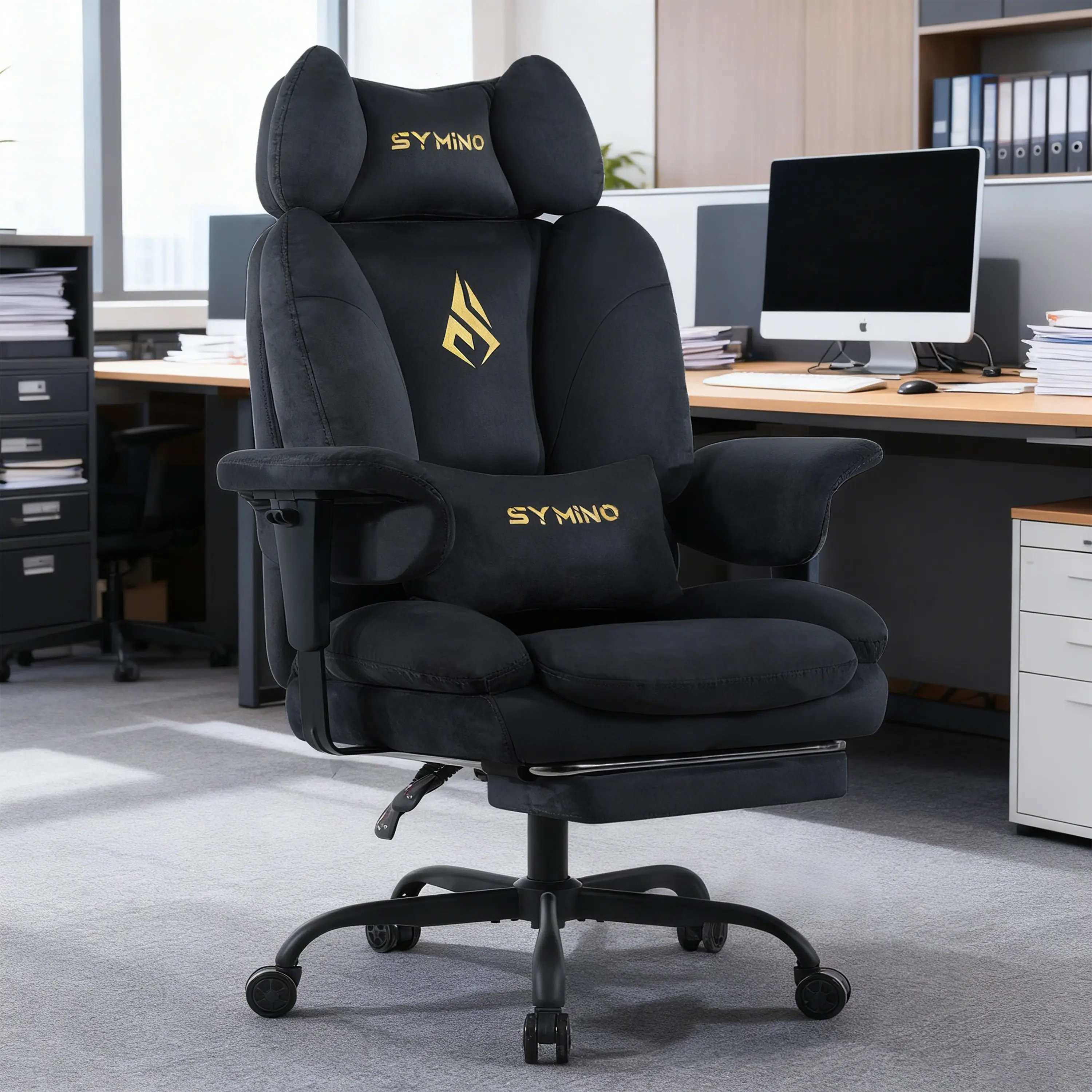 （BIG）SYMINO Ergonomic Faux Fur Gaming Computer Chair - Video Game Seat with Spring Cushion Softens Hard Hours, Cool in Summer, Ergonomic Backrest Eases Long Sits, Indoor Furniture for Gamers' Rooms