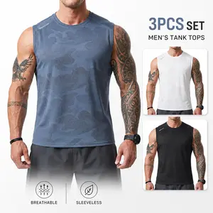 3 Pack Hidden Jacquard Mens Sports Tank Tops, Lightweight Quick Dry Breathable Mesh Fabric, Round Neck Relaxed Cut, Multi Pack Athletic Tees for Fitness, Jogging, Training & All Day Summer Casual Wear