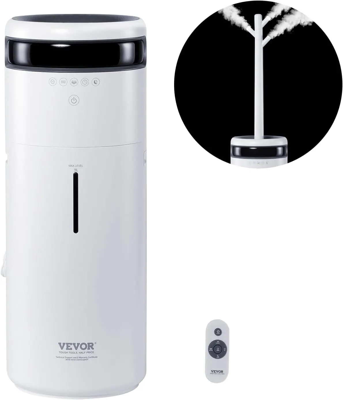 VEVOR Commercial & Home Large Room Humidifier, 16L Water Tank for 1291.7 sq ft Space, Night Light, 12h Timer, Auto Shut-Off, Greenhouse Use, 360° Rotatable Nozzle with Branch Tube