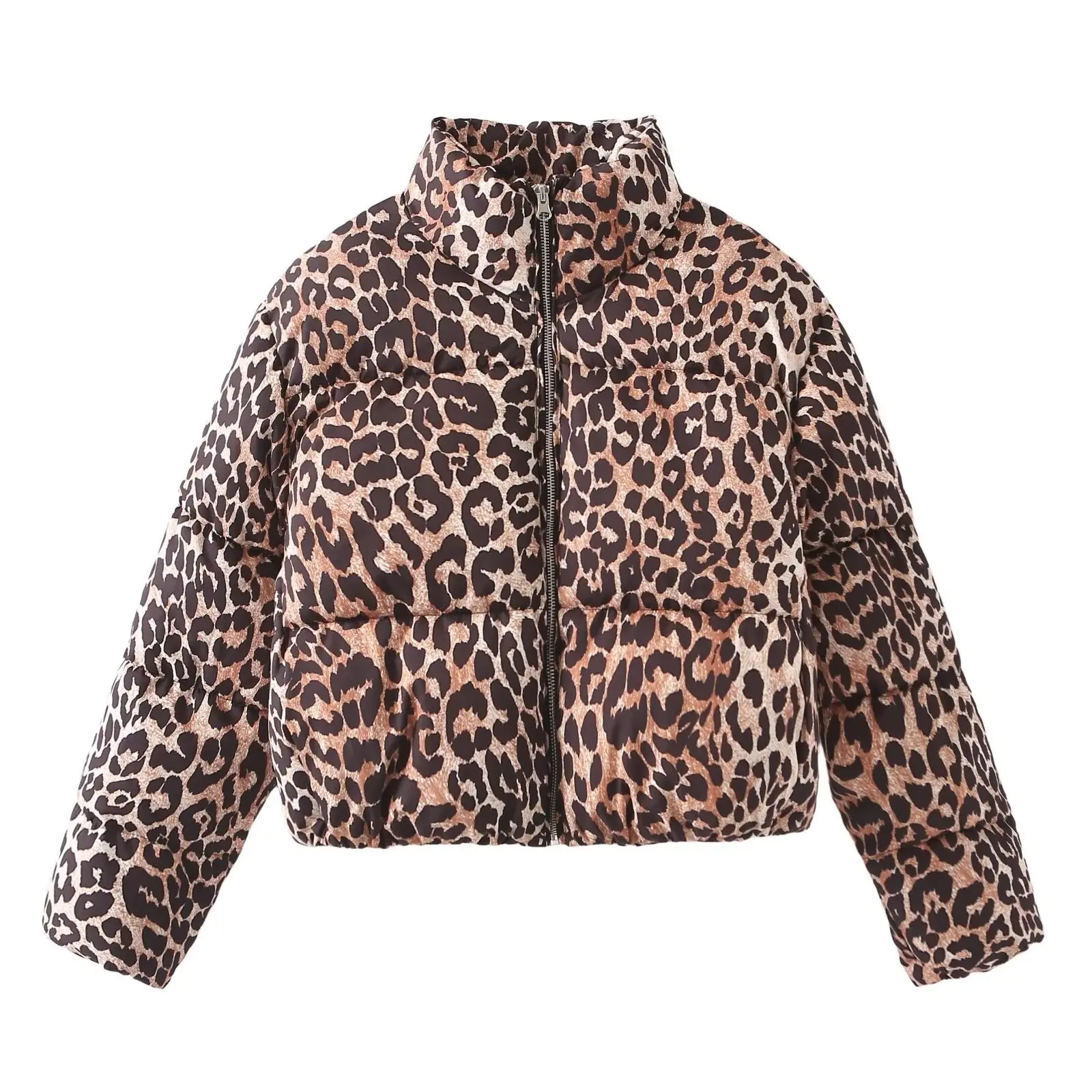 Leopard Print Down Cotton Padded Jacket for Women with Stand Collar - Ordinary 50cm Length to 65cm