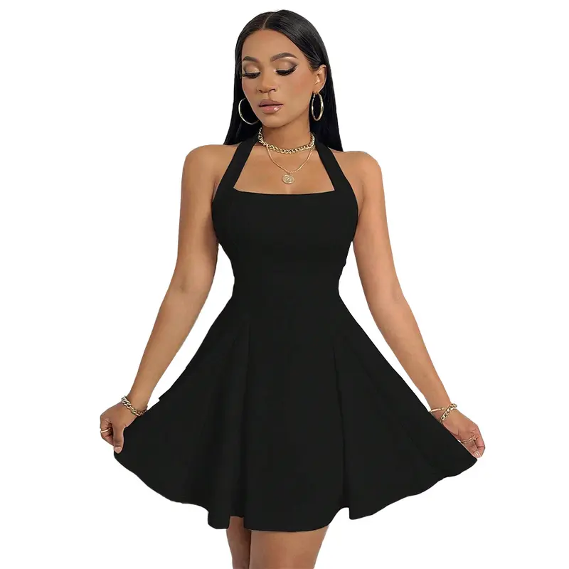 Women's Vibrant Halter Neck Backless High Waist A Line Swing Mini Dress in Black for Party Evening Cocktail Summer Work Christmas Party Meshki Bella Hadid Spray Zendaya Blue Corte Princesa weddingguestdress Elegant Elegance Chic Womenswear Formal cocktail