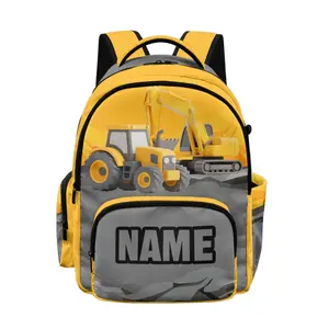 Personalised Digger Backpack for Boys Custom Name School Bag Large Capacity Multi Pocket Rucksack Lightweight Construction Tractor Kids Bag Back to School Gift Nursery Primary School Essentials Durable Travel Pack with Side Zipper Pockets Yellow