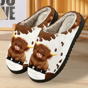 Women'S Plush Highland Cow Slippers - Cozy Fleece-Lined Slip-On House Shoes with TPR Sole, Cute Cartoon Design for Fall Camping & Holiday Gifts (Halloween, Christmas), Cow Slippers, Indoor Footwear, Playful Slipon, Soft Fabric Upper
