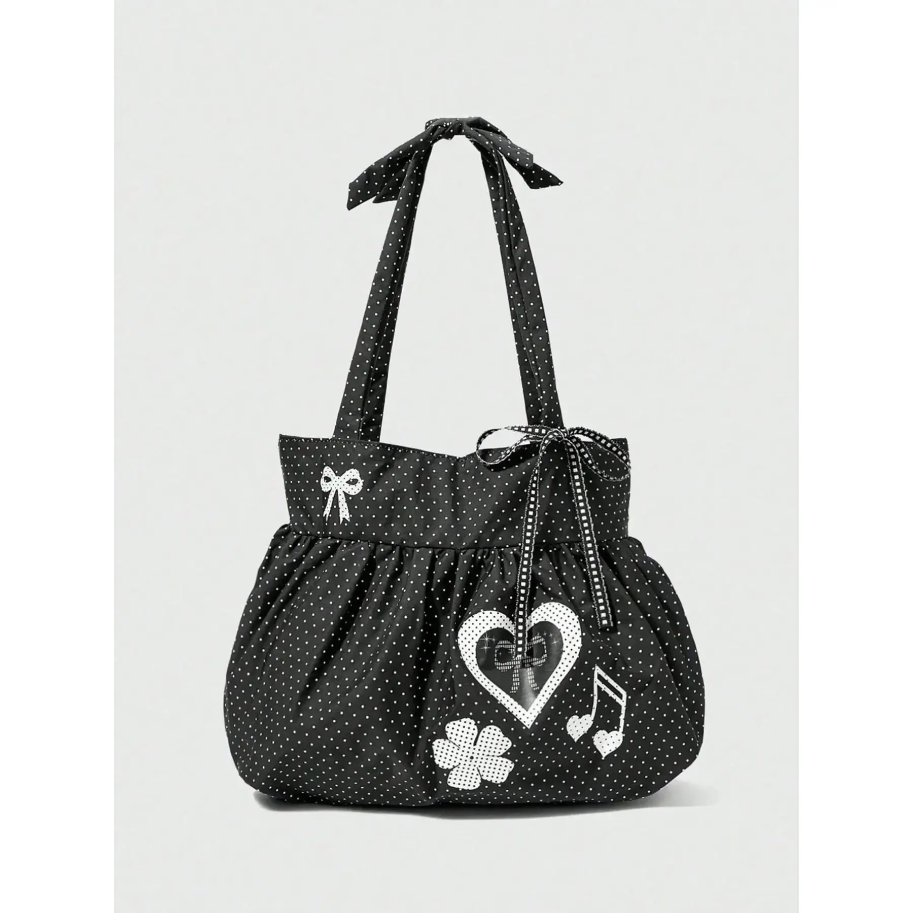 Fresh Polka Dot Canvas Tote - Retro Look Shoulder Bag with Drawstring Top, Casual Wear Storage Bag for Daily Commuting, Suitable for Office Workers