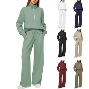 Two Piece Set, Women's Oversized Half-Zip Pullover, Wide-Leg Sweatpants Set, Casual Relaxed Fit Tracksuit for Daily Streetwear, Travel Day, Lounging at Home, Quick Errand, Weekend Walk, Perfect for Layering in Transitional Seasons Spring Fall