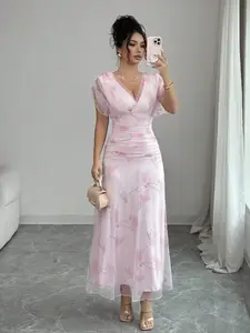 Women's Blush Pink Peony Floral Mesh Long Dress With Lining,Elegant Summer Wedding Ninang Formal Evening Party Wedding Valentine's Date Dress