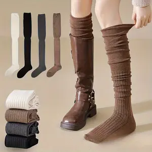 Fashionable Knee-High Socks 4 Pairs Women's High Elasticity Thin Long Stacked Solid Color Patchwork Design Machine Washable Dry Cleanable Versatile Outfits Novelty Socks
