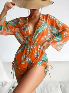 Three-Piece Set Women's Tropical Print Bikini Set, Halter Neck Tie Back Triangle Bra with Removable Pads Design & Drawstring Side High Waist Romper & High Cut Swim Panty Swimsuit Sets, Summer Outfits, Bathing Suits 2024, Women's Swimwear