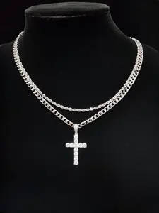 Hip Hop Twist Chain Necklace and Rhinestone Cross Pendant Necklace, Birthday Gift for Best Friend, Stainless Steel Matching Necklace, Homecoming Accessories, Couple Gift, Cuban Chain, Rhinestone Decorated Jewelry, Modern Fashion Accessories