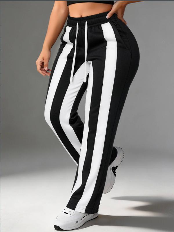 Women's High Waist Monochrome Vertical Striped Wide-Leg Drawstring Pants - Stretch, Full Length, Loose Fit Activewear Bottoms for Running, Lounge, Women's Sports Joggers, Wide-Leg Drawstring Pants Women's Sports Joggers