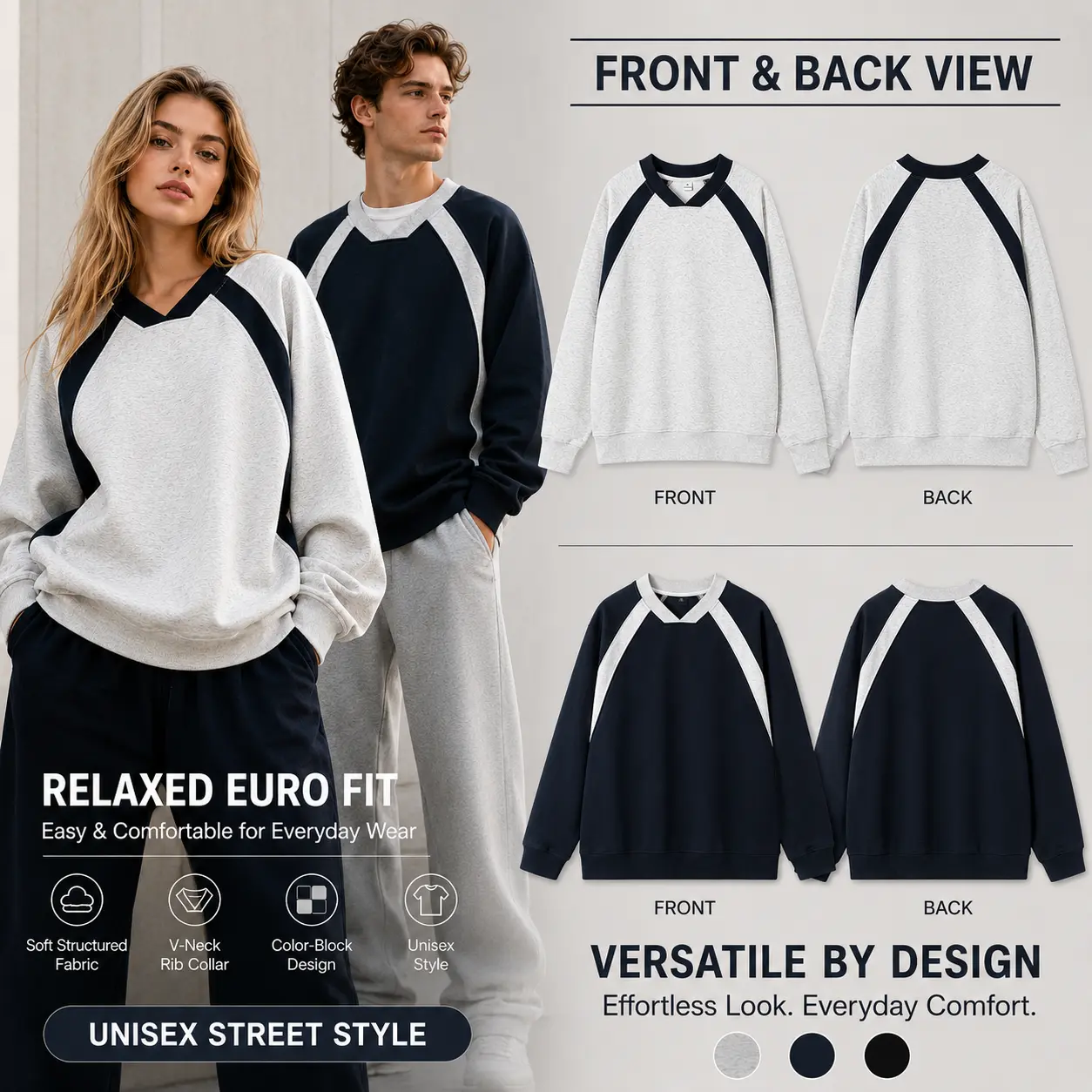 Unisex Color Block Sweatshirt, Relaxed V Neck Pullover with Contrast Raglan Panels for Casual Daily Wear