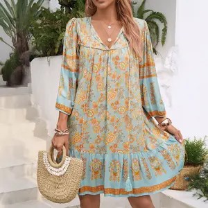 Spring Summer Casual Printed V-neck Dress Women's Fashion Womenswear Vneck wendy ortiz pool party outfit milkmaid dresses sundress mom's sundress caramel