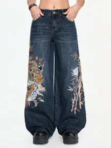 Grunge Punk Vintage Street Chic Chinese Style Tiger & Floral Embroidered Loose Wide Leg Jeans, Unisex Fabric Menswear
