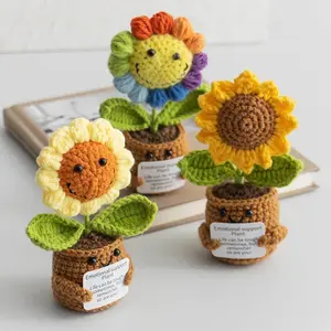 Cute Crochet Flowers Potted Hand-woven Rose Colorful Sunflower Positive Emotional Crochet Flower Potted for Home TableDecor Gift