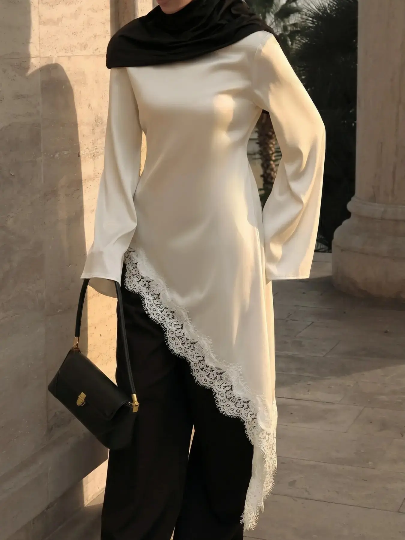 Muslim Patchwork Maxi Dress Women Long Sleeve Abaya Elegant Modest Kaftan Dresses Lace Trim Color Block Dress Islamic Modesty Clothes Dubai Turkey Style Loose Fit Evening Party Maxi Dress Ramadan Eid Clothing for Women