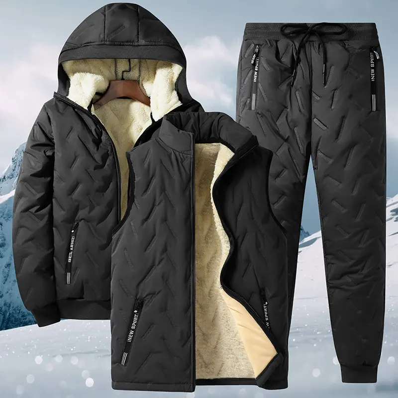 Three-Piece Set, 2025 New Ultrasonic Lamb Wool Cotton Jacket Three-Piece Set for Men, Warm Fleece-Lined Stand Collar Lamb Wool Cotton Jacket Clothes Menswear Hoodie Matching Pants Pants Suits Top Long Sleeve Long Sleeve Trouser Matching