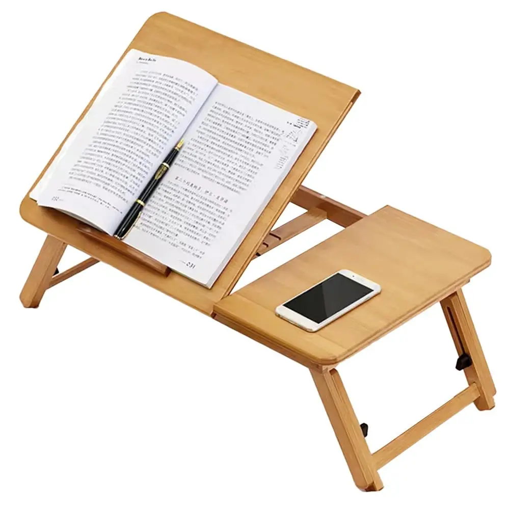 Sturdy Bamboo Wood Computer Desk - Height-Adjustable Lap Desk with Foldable Legs, 50×30cm Portable Bed Table with Storage for Reading, Breakfast In Bed