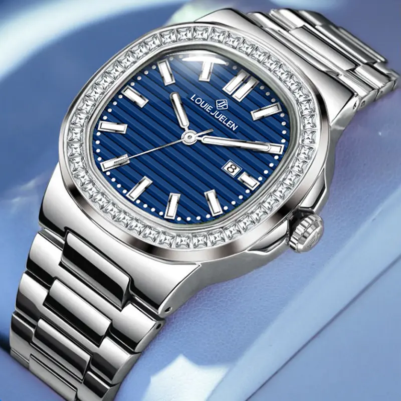 Louie Juelen Night Vision Elite 42mm Chronograph Watch with Maximum Luminescence on Sleek Blue Dial and Stainless Steel Strap