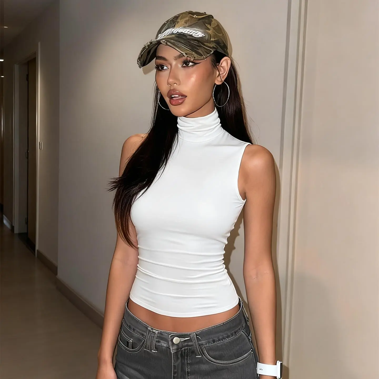 Women's 2026 Spring Summer New Turtleneck Sleeveless Open Back Ruched Crop Top with Smooth Stretchy Fabric Sexy Elegant Alluring Glamorous Slim Fit Casual Party Top