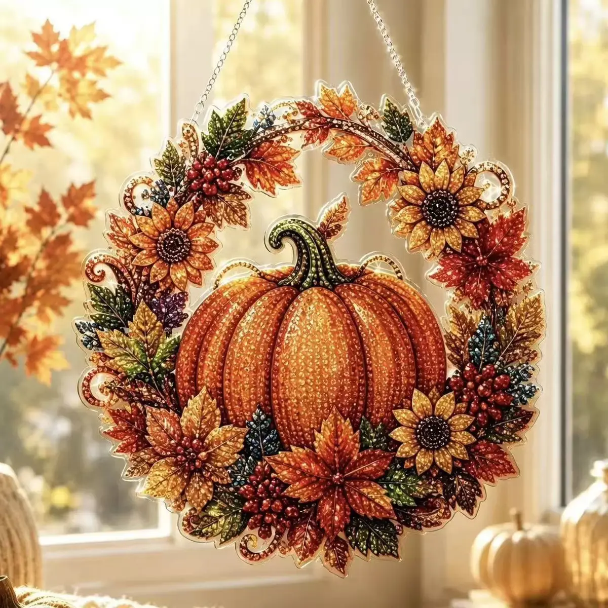 Fall Pumpkin Wreath DIY Diamond Painting Kit, Acrylic Window Hanging Ornament, Autumn Thanksgiving Home Wall Decor, Creative Holiday Gift