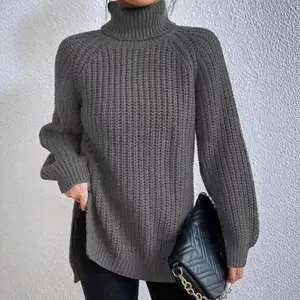 Women's knitted sweater with thick stitches, high collar, medium length, and slit hem