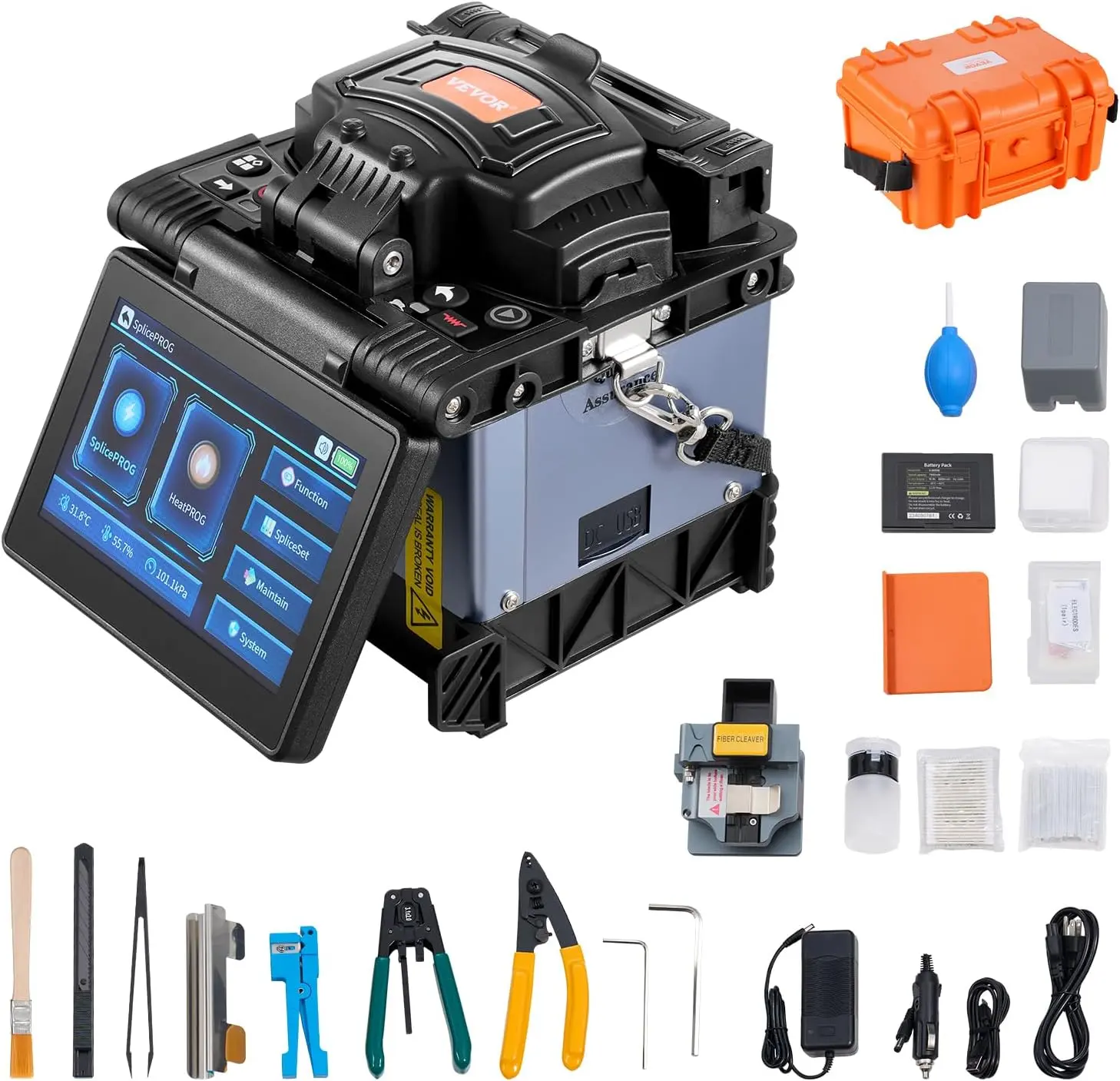 Spring New Arrivals 6-Motor Core Alignment Fiber Fusion Splicer Tool Kit, 6s Splicing, 13s Heating, 5" Touch Screen, 3-in-1 Holder, 7800mAh Battery, USB Port, 0.01dB Loss for SM/MM Fibres/NZDS, 330x x or y, 1100x, 160-200 Cycles, 200x, ABS & Cotton Swabs,