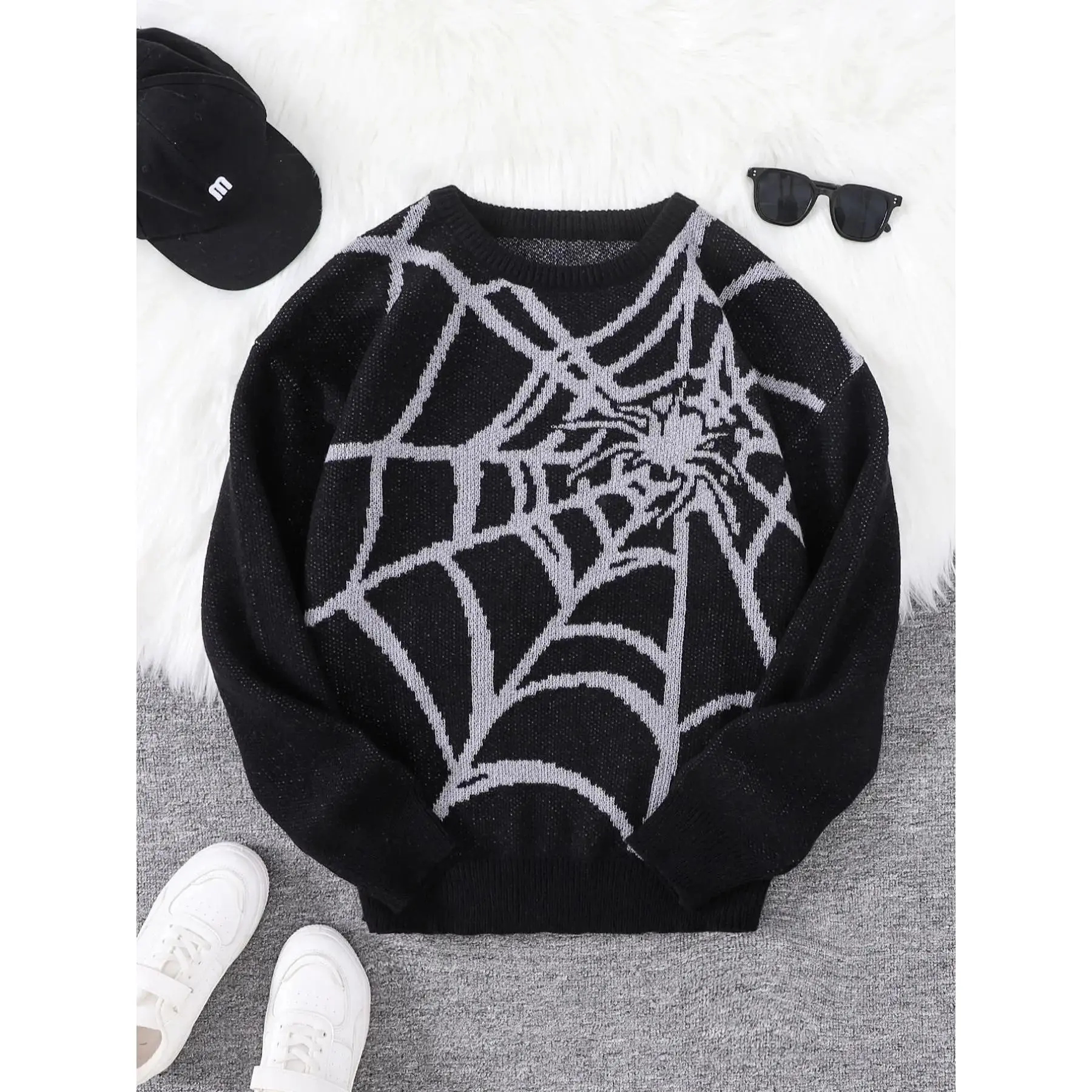 Men's Spider Web Pattern Sweater, Jacquard Crew Neck, Regular Fit, Casual Drop Shoulder Long Sleeve Pullover for Autumn, Fashionable Men's Knitwear for Everyday Wear.