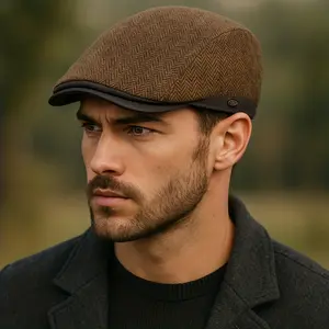 Men'S Vintage Herringbone Beret Hat - Thick Warm Winter Cap with Adjustable Strap, Brown/Red/ - Formal & Casual Outfits, Everyday & Special Events - Durable Cold Weather Accessory, Winter Hat, Event Headwear, Classic Design, Warm Material