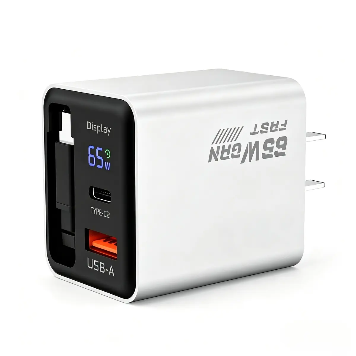 65W GaN USB C Charger with Retractable Cable and Digital Display, 3-Port Fast Charging Wall Charger for iPhone, Android Phones, iPad, Tablets and Type-C Devices