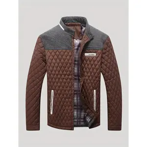 Men's Winter Outfit, Quilted Contrast Patchwork Cotton Jacket - Warm Men's Coat for Autumn & Winter, Windproof Outerwear with Stand-Up Collar for Commuting & Everyday Wear, Men's Clothing, Winter Fashion.