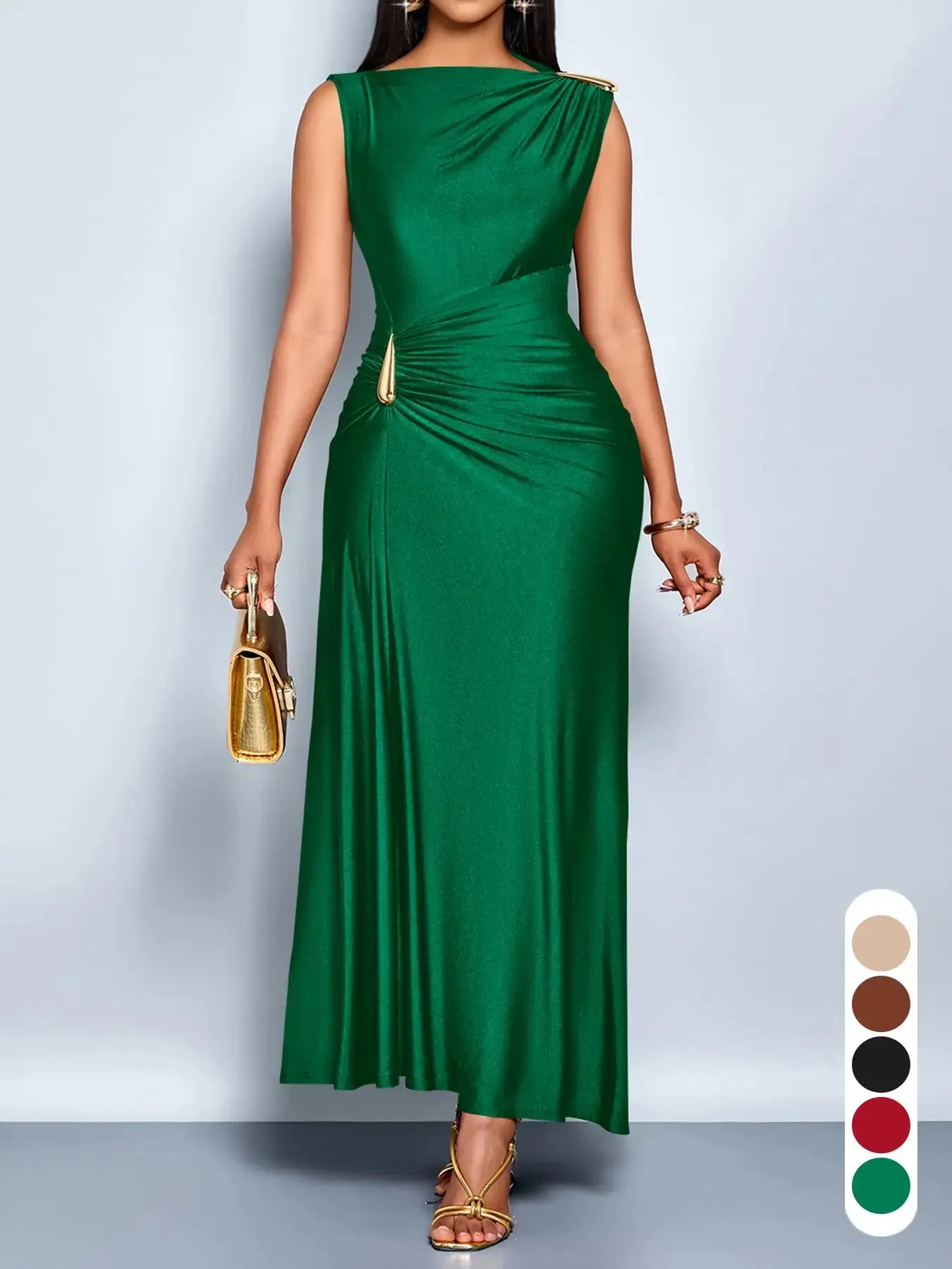 Women's Solid Sleeveless Knit Ruched Buckle Slim-Fitting Dress Formal Party Summer 2026