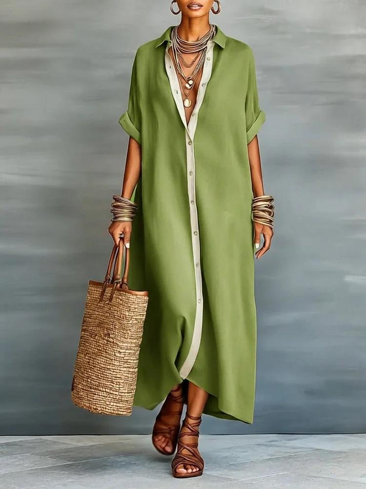 Boho Oversized Shirt Dress - Perfect for Beach, Vacation & Brunch! Contrast Trim Button Down Casual Loose Dress # ShirtDress # OversizedDress # ButtonDownDress # ContrastTrim # SummerDress # BohoFashion # MidiDress # DressesForWomen # Outfit of the Day