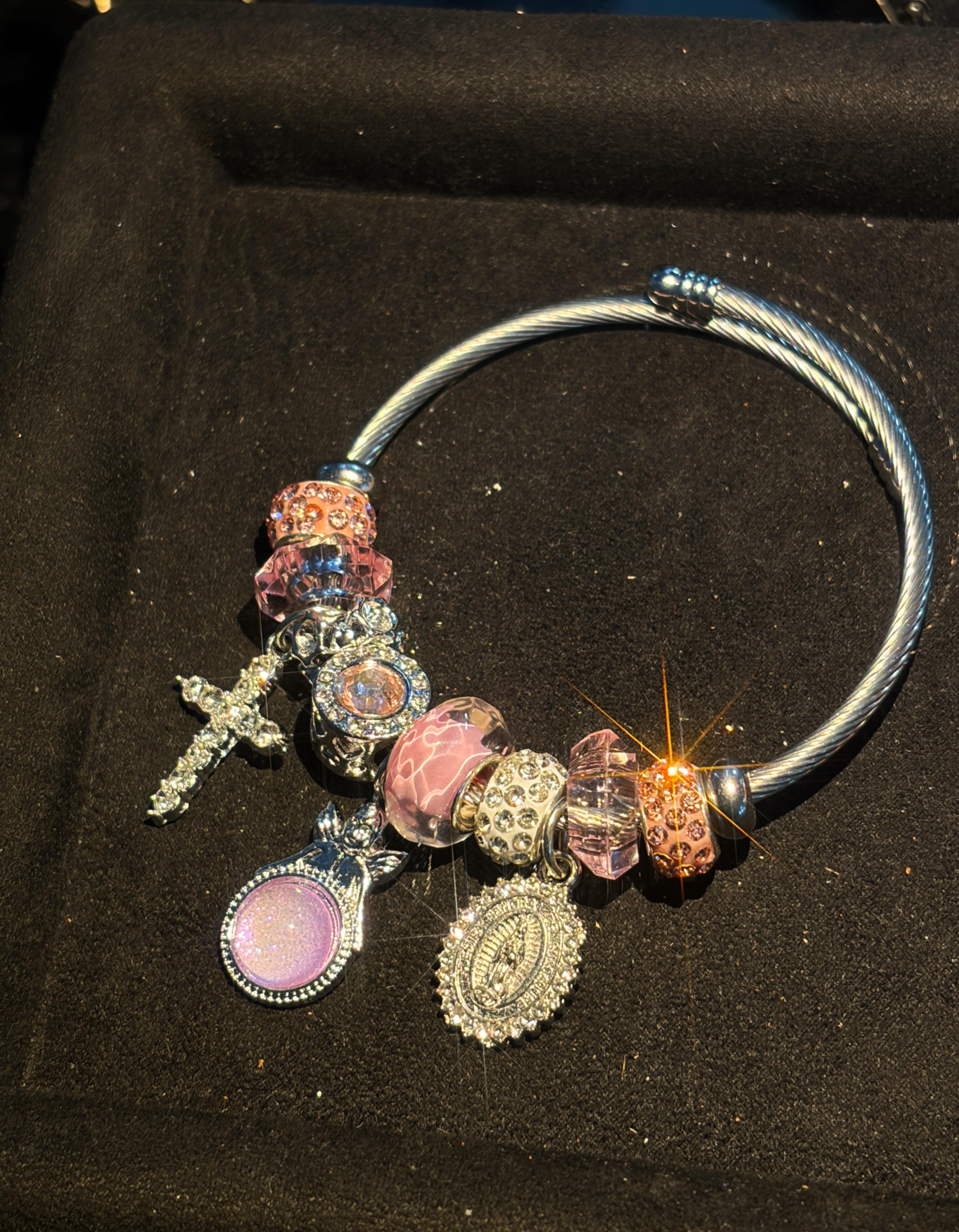 Women's Silver-Tone Religious Wire Cuff Bangle - Cross, Virgin Mary Charm, Pink Murano Glass Beads, Rhinestone Crystal Fashion Statement Bracelet Women's Silver-Tone Religious Wire Cuff Bangle - Cross, Virgin Mary Charm, Pink Murano Glass Beads, Rhinestone Crystal Fashion Statement Bracelet