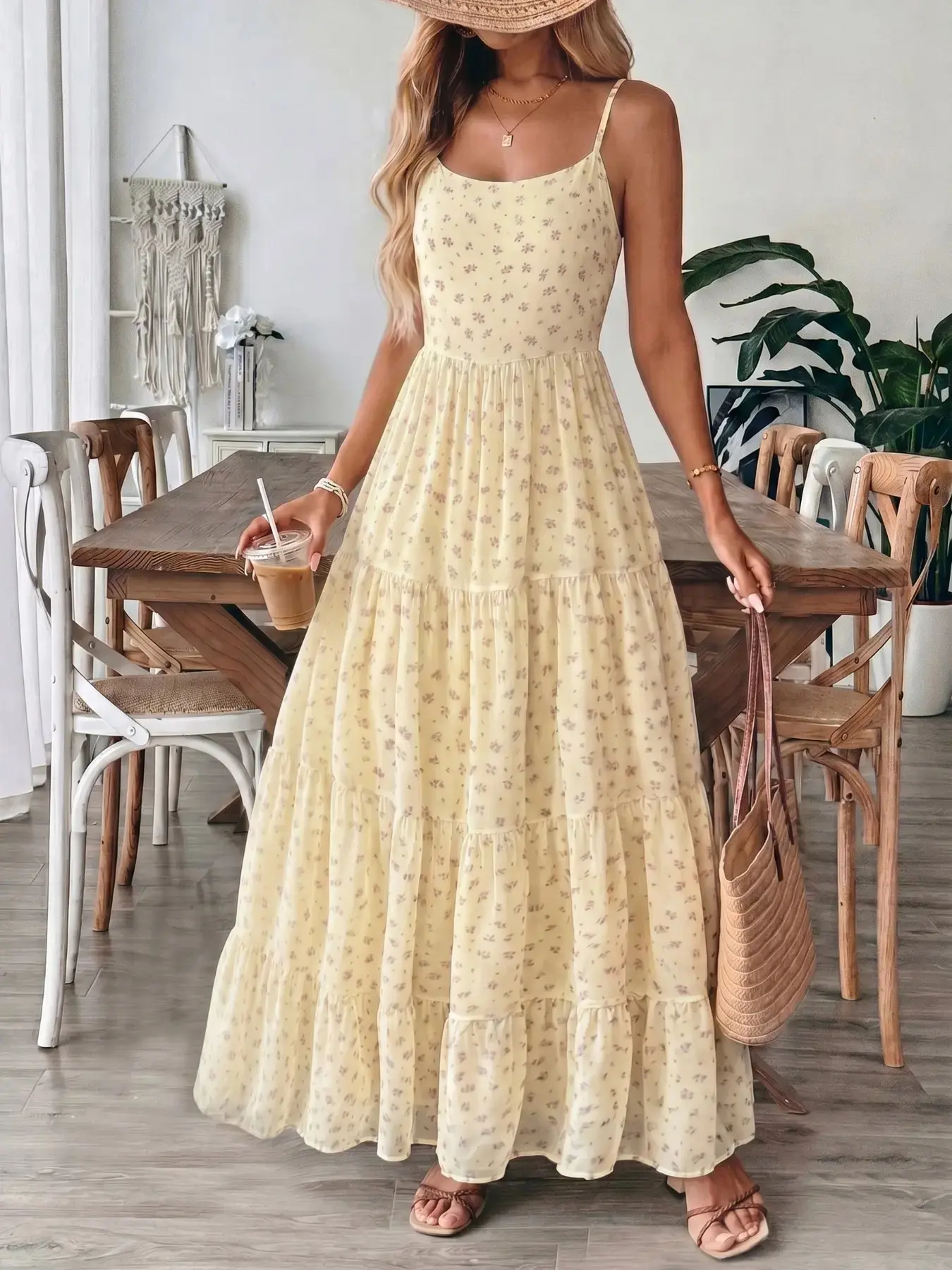 Yellow Floral Tiered Maxi Dress - Boho Printed Floral 2026 Trending Summer Bohemian Vacation Sleeveless Dress with Spaghetti Straps, Soft Fabric Perfect for Beach & Date, Womenswear, Lady