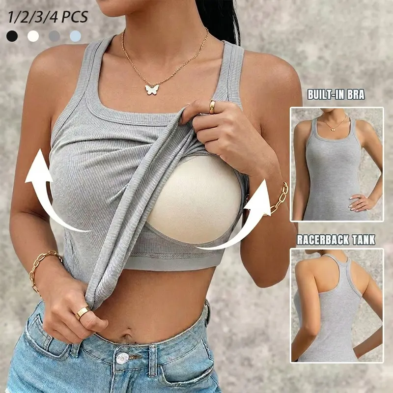 4/3/2/1PCS Women's Built in BraTank Top I Racerback Cropped Camisole withRemovable Pads | Wireless SupportiveWorkout Yoga Top I Stretchy Athletic BasicsBodyshaper Sleeveless TeeI ComfortableSummer Essential Bra Cami for Everyday