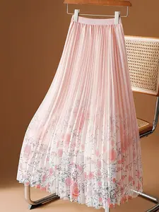 LILIDUOLAPrinted Mesh Half-Skirt for Women, Floral Print Chiffon Skirt, Mid-Length Flowy Pleated A-Line Maxi Skirt
