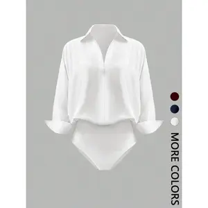 Valentine's Day Women's Casual Solid Color body suit Jumpsuit, Ladies' Relaxed Long Sleeve Lapel Fit One-Piece, Comfortable All-Season Wear