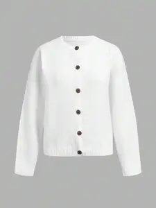 BASICS Women's Round Neck White Cardigan Sweater With 6 Buttons, Casual Versatile Soft And Comfortable, Suitable For Autumn Winter, Suitable For Matching, Suitable For Airport, Street, And Back To School, Tops For School Long Sleeve Fabric
