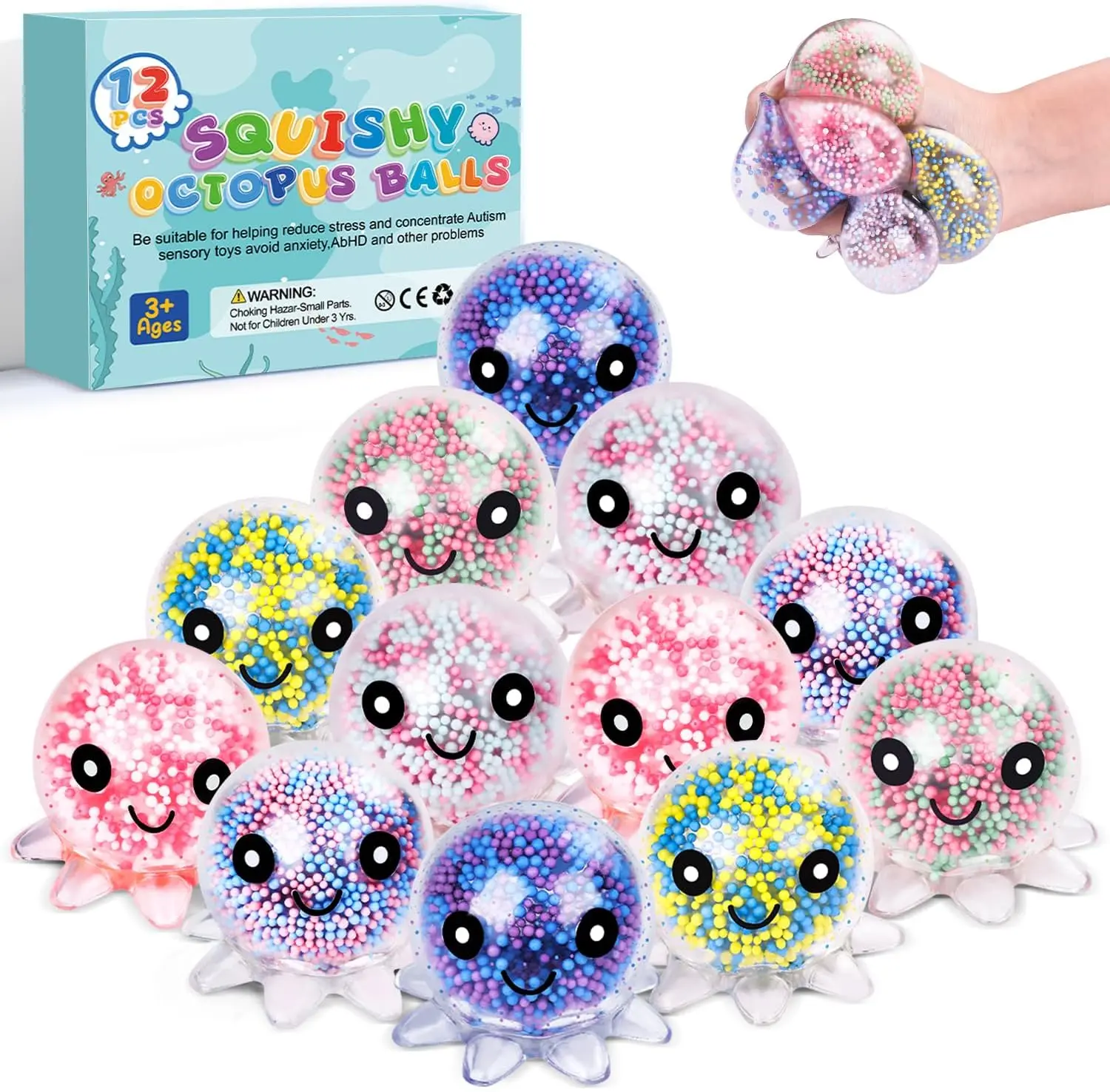 Fidget Stress Balls for Adults, Cute Octopus Stress Sensory Stress Ball, Bulk Squishy Squeeze Ball Toys Set for Classroom Prizes and Birthday Party Favors