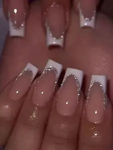 24pcs Long Coffin-Shaped White French Manicure Nail Stickers To Enhance Your Fashion Sense! Minimalist And Elegant Style, Durable And Reusable. The Set Includes 1 Piece Of Jelly Gel And 1 Nail File, Suitable For Women And Girls For Daily Wear Or Parties.